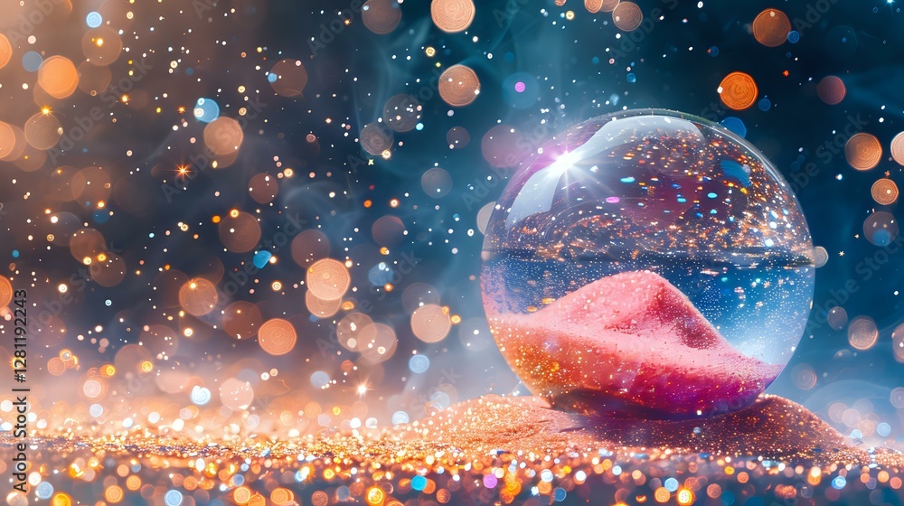 Poster magical snow globe with pink crystal inside on glittery surface against dark background with golden 