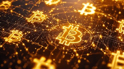 El fondo brilla con símbolos de Bitcoin, representando la tecnología y las finanzas digitales en un entorno ciberespacial.