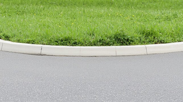 Asphalt road curb with green grass.  A corner of a paved road meets a grassy area.  Potential use stock photo for landscaping, urban design, or real estate