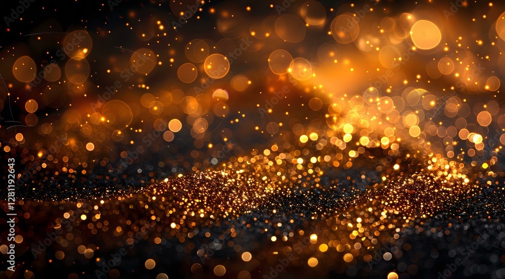 Poster Abstract golden bokeh lights on dark background with glowing particles and sparkles creating magical atmospheric effect. Suitable for festive designs.
