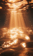 Obraz premium Golden underwater scene with sunlight shining through water surface waves