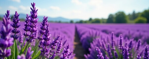 Obraz premium Wide view of a blooming lavender field with vibrant purple flowers, lavender, countryside, flowers