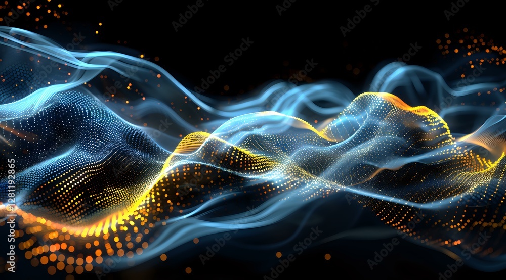 Poster Abstract digital waves with glowing blue and golden particles flowing in dark space creating dynamic network visualization pattern. Suitable for tech backgrounds.