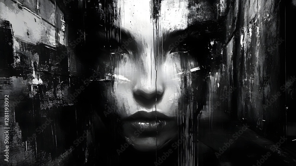 Poster Captivating abstract portrait of a mysterious shadowy face with an enigmatic expression set against a dark and moody atmosphere  This striking image evokes a sense of emotions