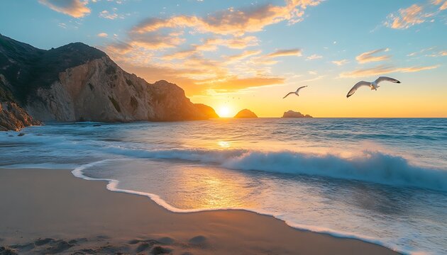The ocean sunset features a beautiful beach with flying seagulls