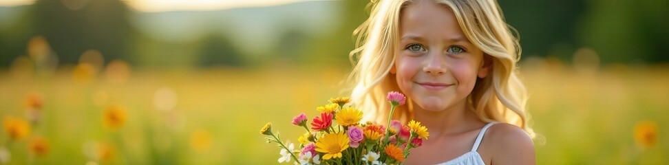Naklejka premium Young blond individual holding a bouquet of wildflowers with a gentle smile, joy, spring