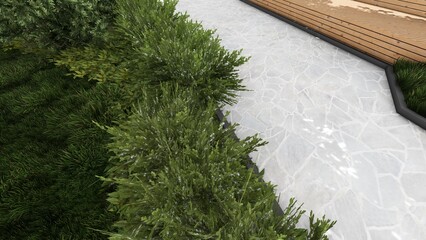 3d image of the landscape design of the home territory. Landscaping of the territory. Computer visualization of composite landscaping and landscaping solutions.