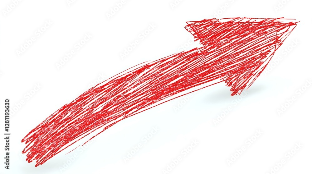 Poster red sketchy arrow pointing upward with dynamic hand-drawn style on white background, showing directi