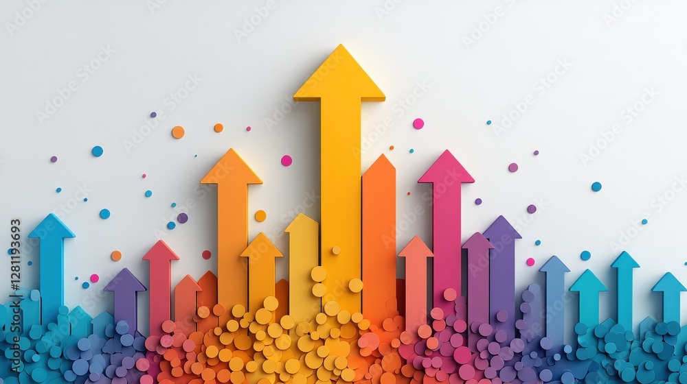 Poster colorful arrows and circles creating a vibrant abstract pattern on a white background