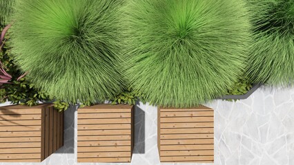 3d image of the landscape design of the home territory. Landscaping of the territory. Computer visualization of composite landscaping and landscaping solutions.