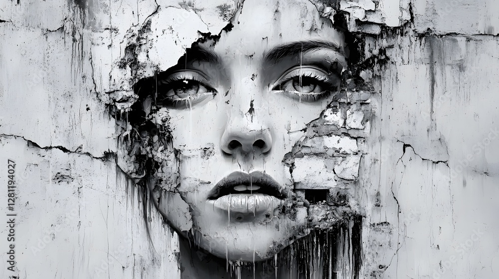 Aufkleber Captivating abstract textures created by the cracked weathered and decaying surface of an urban concrete wall