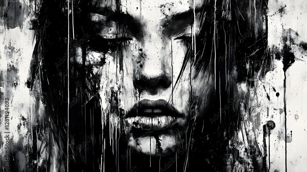 Poster captivating and enigmatic feminine portrait showcasing a striking monochrome aesthetic with a heavil