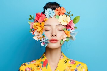 A serene young woman with floral paper accessories on her face, wearing a vibrant yellow dress, against a bright blue background, embodying beauty and spring vibes