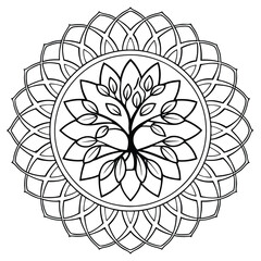 Tree of Life Mandala Coloring Page: Intricate Floral Design, Spiritual Art, Relaxation, Printable Zen Pattern, Detailed Illustration