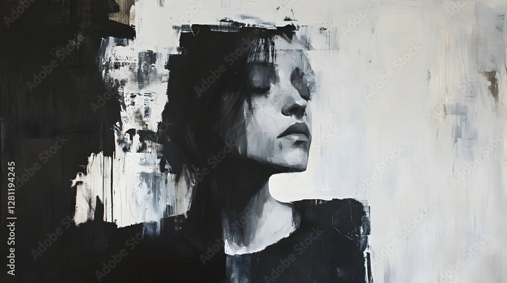 Poster captivating and visually striking portrait of a pensive female figure captured with dramatic black a