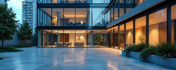 Stylish corporate office with modern glass facade and nested design elements, glass facade, office building, commerce