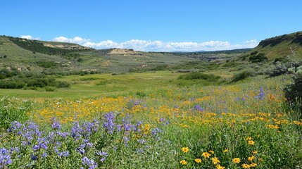 Wildflowers blooming in a vibrant meadow landscape under a bright summer sky