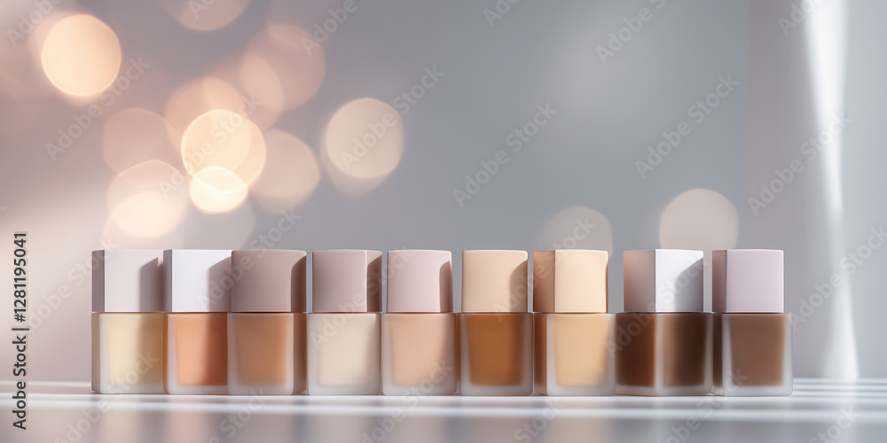 Poster different shades of foundation displayed on a clear surface with blurred lights in the background cr