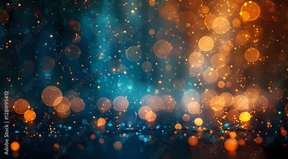 Poster magical bokeh lights on dark blue and orange background with glowing particles and sparkles creating