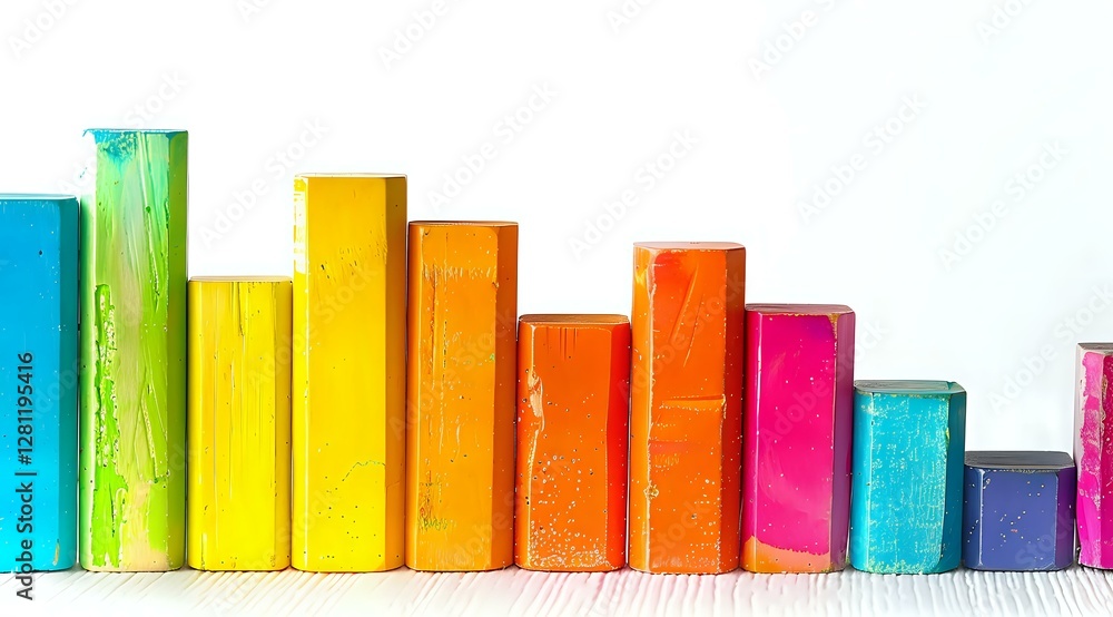 Poster colorful wooden blocks arranged in ascending and descending order creating bar chart pattern on whit