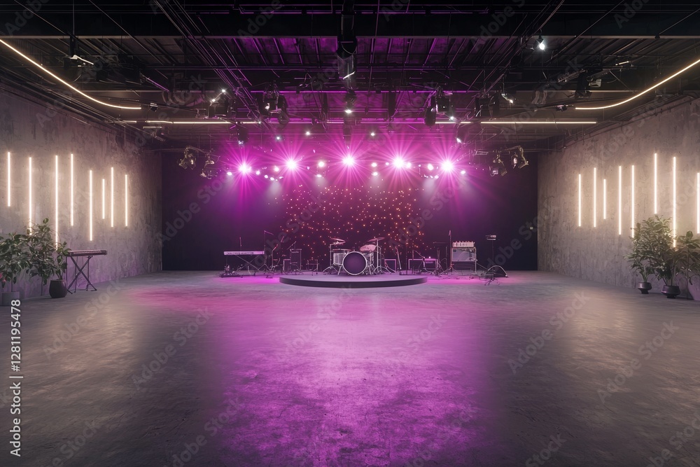 Poster an empty stage with a modern dance theme is illuminated by a creative lighting setup, including a sp