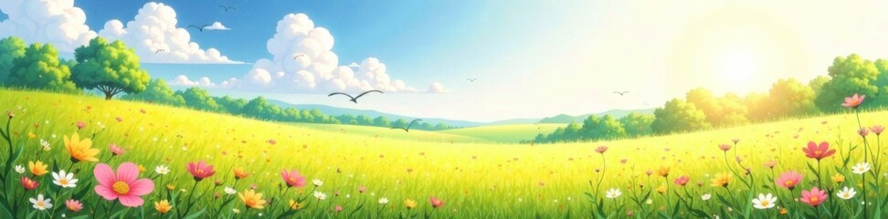 Obraz premium Pastel colored watercolor landscape of a sunny meadow, valley, mushrooms