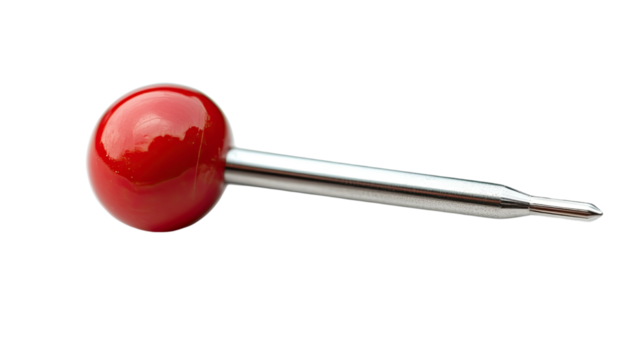 Pinpoint Precision: A close-up shot of a vibrant red push pin, its glossy sphere contrasting with the sleek, metallic stem, ready to mark an important location.
