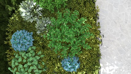 3d image of the landscape design of the home territory. Landscaping of the territory. Computer visualization of composite landscaping and landscaping solutions.