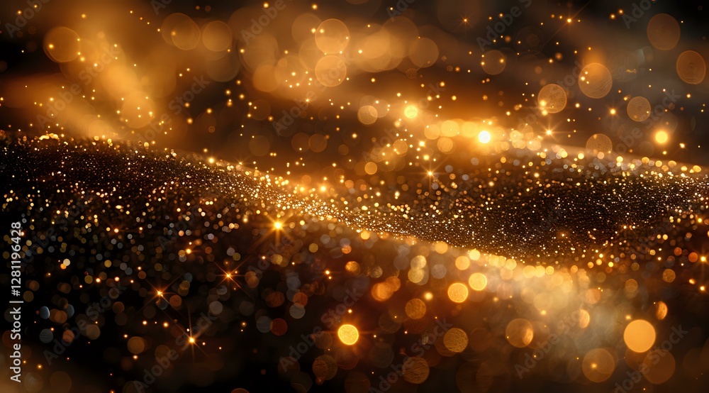 Poster abstract golden glowing particles with bokeh effect on dark background, magical sparkling dust and l