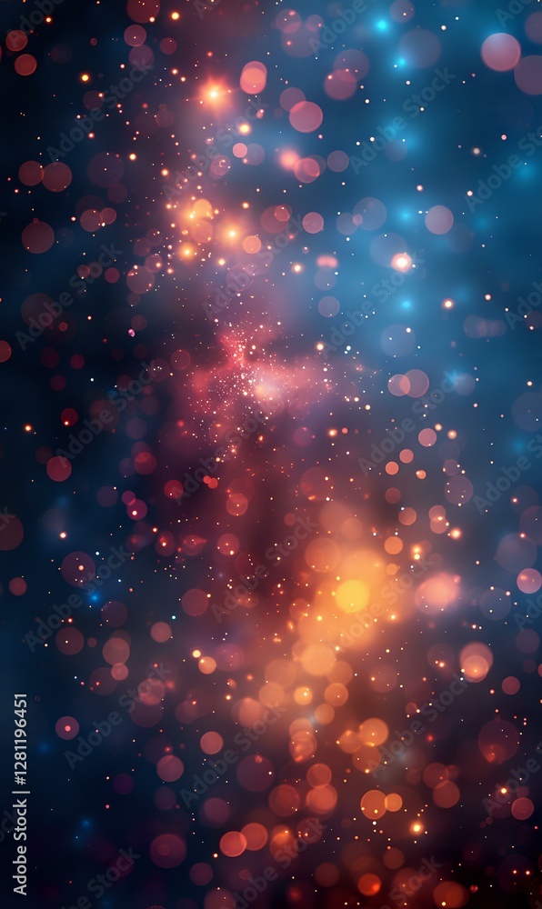 Poster magical bokeh lights on dark blue background with orange and red glowing particles creating dreamy a