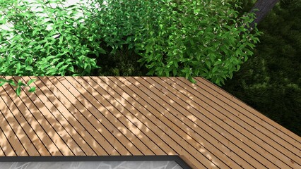 3d image of the landscape design of the home territory. Landscaping of the territory. Computer visualization of composite landscaping and landscaping solutions.