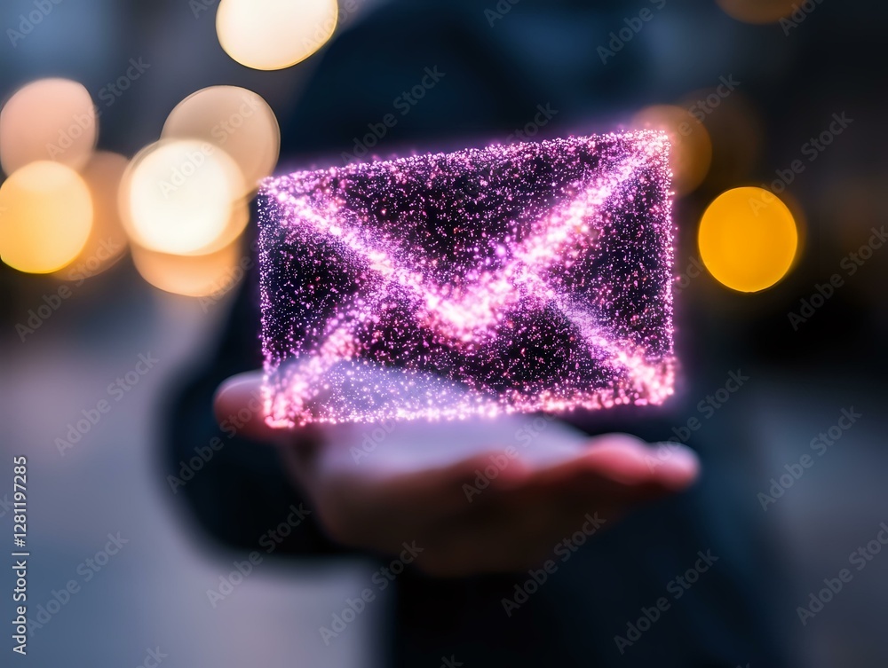 Poster glowing pink holographic envelope floating above palm with sparkle particles and bokeh lights in bac