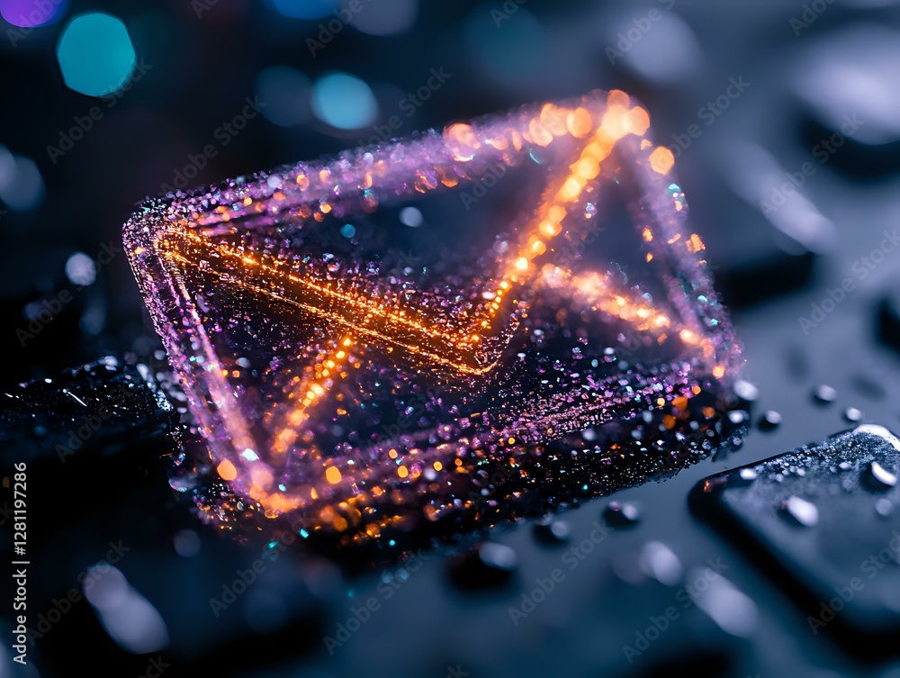 Aufkleber glowing envelope icon made of sparkling light particles against dark background with bokeh effects, 