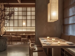 A minimalist Japanese restaurants interior and soft lighting provides an ambient experience
