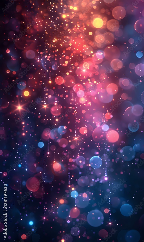 Poster magical glowing bokeh lights on dark background with pink and blue gradient colors creating dreamy c
