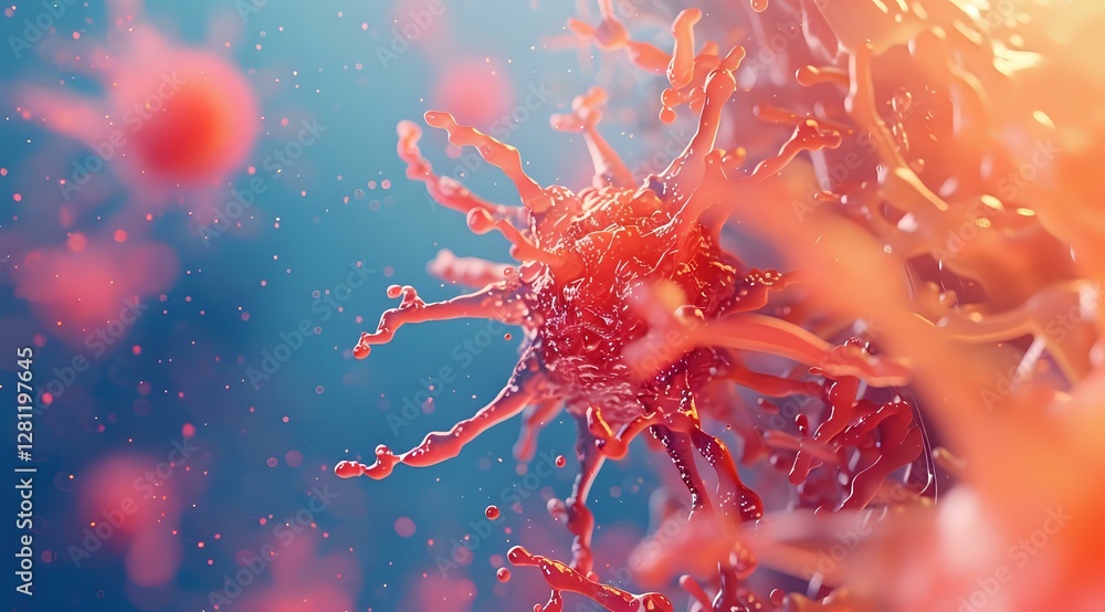 Poster microscopic view of cancer cells in pink and orange tones against blue background showing cellular s