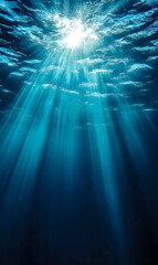 Obraz premium Underwater Sunlight Beams Illuminating the Ocean Depths, Showcasing Marine Beauty
