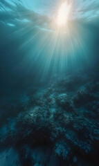 Underwater realm with sunbeams illuminating the seabed, evoking serene deep ocean