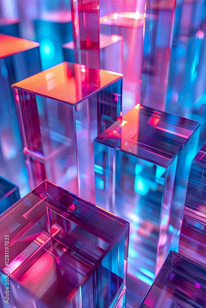Poster abstract geometric composition with glowing neon pink and blue transparent blocks creating depth and