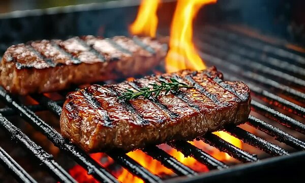 Ancho Steak Seared on the Grill with Flames and Charred Flavor
