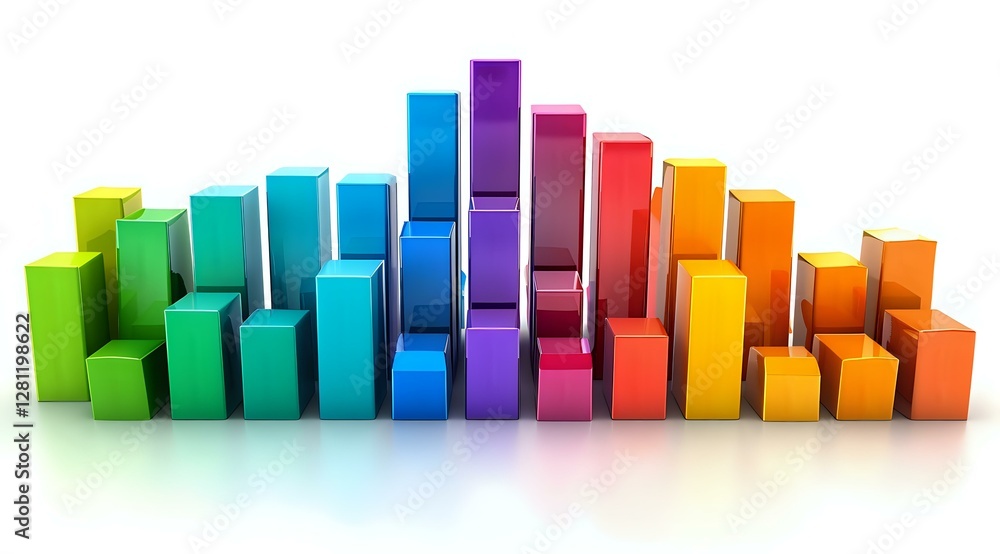 Poster colorful ascending and descending bar chart columns arranged in rainbow spectrum order on white back