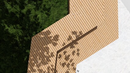 3d image of the landscape design of the home territory. Landscaping of the territory. Computer visualization of composite landscaping and landscaping solutions.