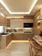 This interior photograph features a stylish modern kitchen setup