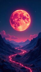 Surreal lunar landscape with glowing moon and distant stars, landscape, universe