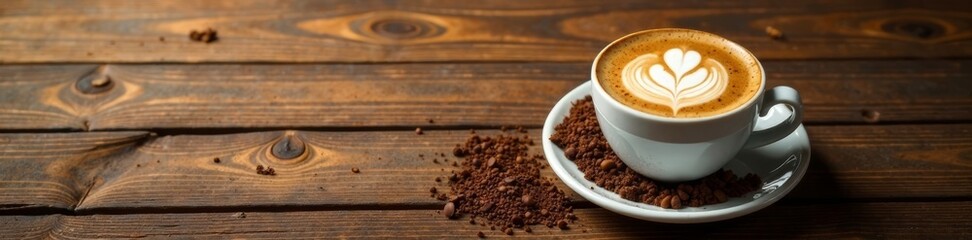 Obraz premium Rich espresso flows into a delicate latte art design on a wooden surface, coffee, latte art