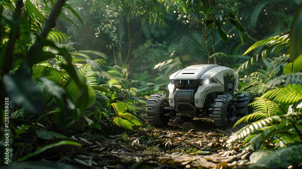 Poster a small robotic vehicle navigates through a vibrant jungle, surrounded by thick greenery and illumin