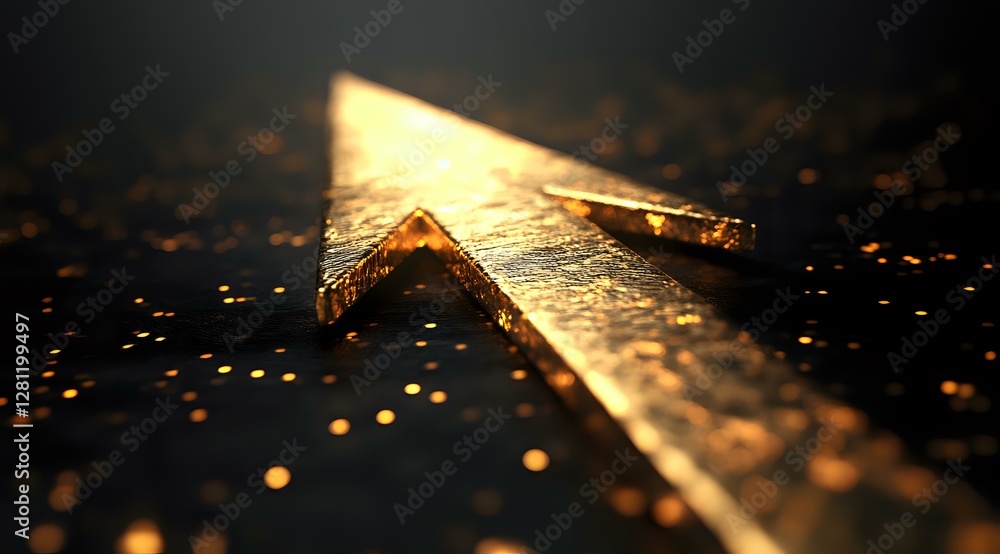 Poster golden metallic arrow cursor glowing on dark background with bokeh particles and dramatic lighting e