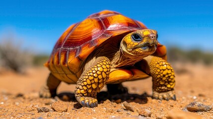 Tortoise Moving Across Desert Ground at Low Angle Shot