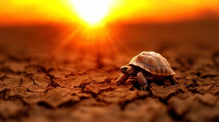 Tortoise Crawling on Cracked Desert Ground Under Sunrise Glow