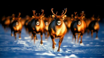 Single Caribou Leading Its Herd in a Snowy Ground Landscape